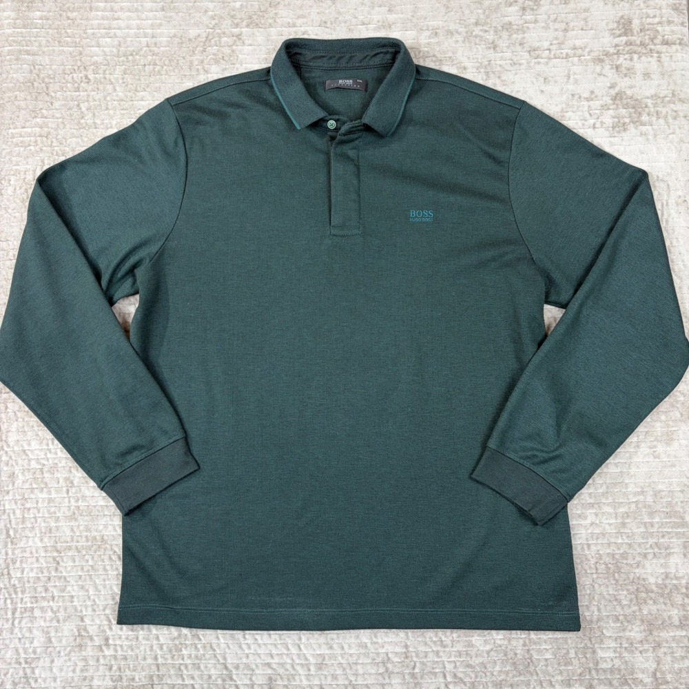 Hugo Boss Selection Mens XXL Long Sleeve Polo‎ Shirt Dark Green Knit Logo XL